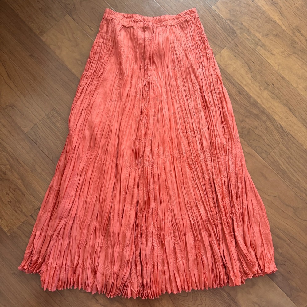 Savannah 100% Silk Maxi Skirt Coral Crinkle Broomstick Fairy Flowy Boho Womens M - Picture 1 of 6